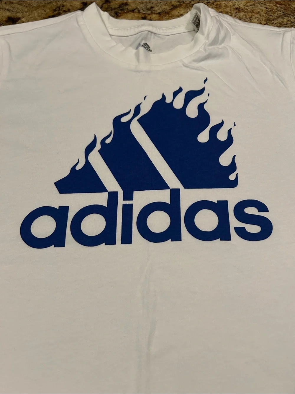 adidas White Short Sleeve Tee with Blue Flame Logo